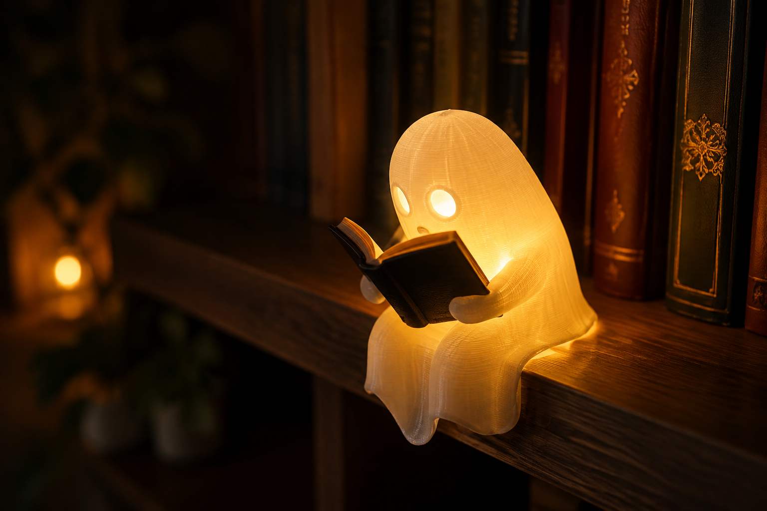 چراغ خواب و فیگور دکوراتیو مدل «روح کتاب‌خوان» (Reading Ghost) | محصول پرینت سه‌بعدی نیلی استور