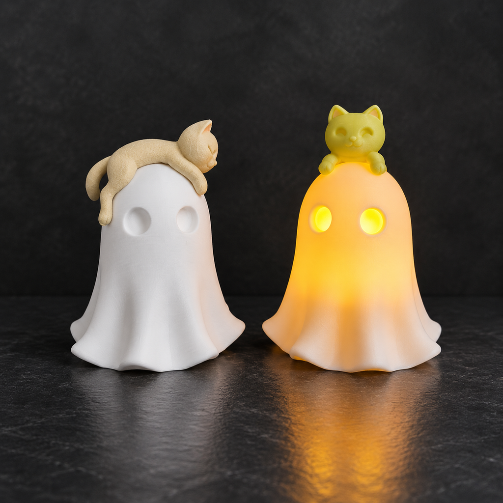 چراغ خواب و فیگور دکوراتیو مدل «روح و گربه» (Ghost with Cat Lamp) | محصول پرینت سهبعدی نیلی استور